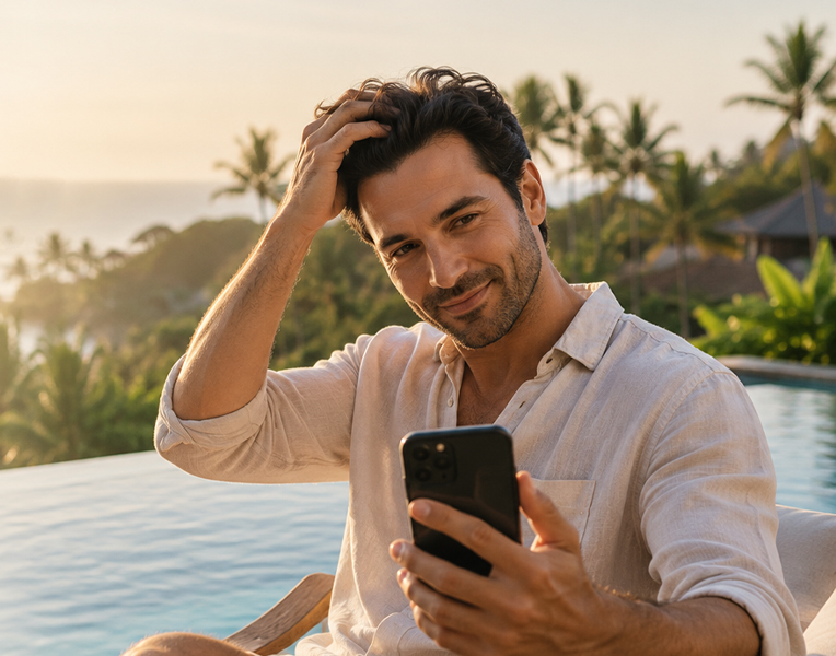 Man checking his phone while brushing through his hair